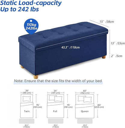 BRIAN & DANY 43 Inches Folding Storage Ottoman Bench, Ottoman with Storage Bench for Bedroom, Living Room, Entryway, Foot Rest with Legs, Blue