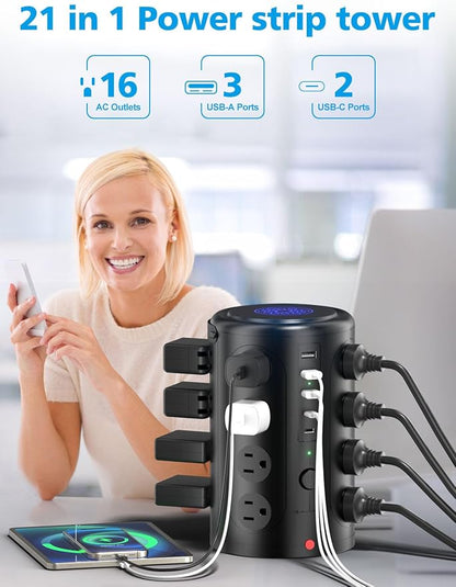 Tower Surge Protector Power Strip (16 AC Outlets + 5 USB Ports Including 2 Type-C), 5FT Extension Cord, 1800J Protector Charging Tower, Essential for Home/Office/Dorm