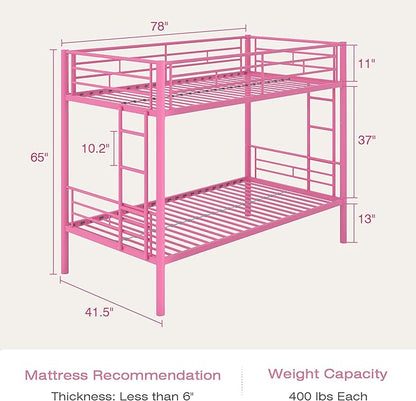 VECELO Bunk Bed Twin Over Twin, Metal Bunkbeds with Ladder and Full-Length Guardrail, No Box Spring Needed, Space Saving, Noise Free, Light Pink