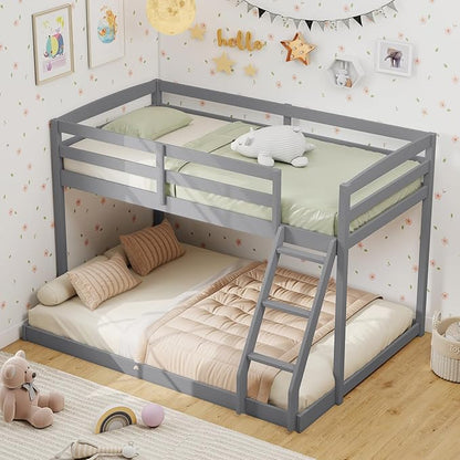 KOMFOTT Low Bunk Bed Twin Over Full, Solid Wood Twin Bed Frame with Built-in Ladder & Safety Guardrails, Space-Saving Low Bunk Bed for Kids, Teens, No Box Spring Needed