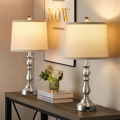 Farmhouse Side Table Lamps for Living Room Set of 2 with USB C+A Ports, Bedside Lamp for Bedroom, Dining Room Decor, Office, End Table, Knob Switch, 3 Color Temperatures, Bulb Included, Silver