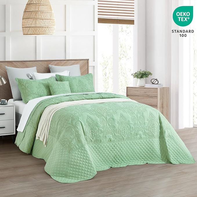 CHIXIN Bedspread Coverlet Set Queen Size - Lightweight Bedding Cover - Beautiful Stitching - 5 Piece Reversible Bedspread - Luxury Damask Paisley Pattern (Queen, Peak Green)