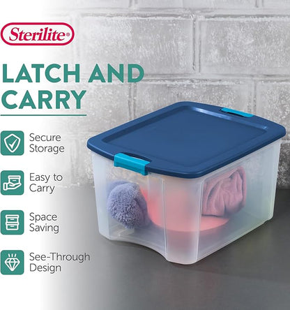 Sterilite 18 Gal Latch and Carry, Stackable Storage Bin with Latching Lid, Plastic Container to Organize Closets, Clear with Blue Lid, 18-Pack