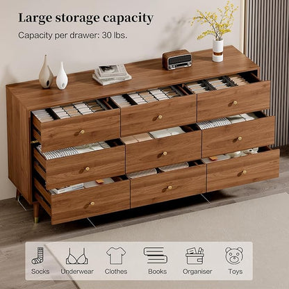 9 Drawer Dresser,63" Wide Mid Century Modern Chest of Drawers,Wooden Bedroom Drawer Dresser with 9 Storage Drawers for Bedroom, Living Room,with Anti-Tipping Device,Walnuts
