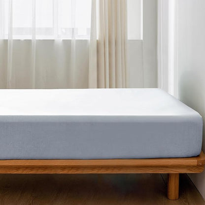 MooMee Fitted Bottom Sheet Only 100% Washed Cotton Linen Like Textured Breathable Durable Soft Comfy Deep Pocket Fits Mattress up to 17" (Cornflower Blue, Queen)