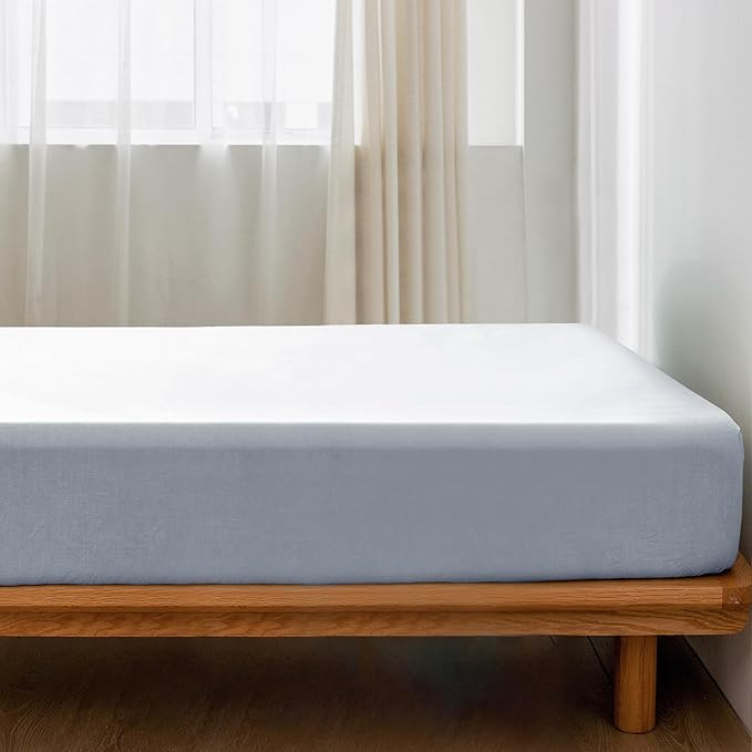 MooMee Fitted Bottom Sheet Only 100% Washed Cotton Linen Like Textured Breathable Durable Soft Comfy Deep Pocket Fits Mattress up to 17" (Cornflower Blue, King)