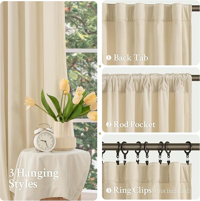 LAMIT Beige Velvet Curtains 90 Inches for Living Room, Elegant Thermal Insulated Panels Noise Reducing Back Tab and Rod Pocket Drapes for Bedroom/Farmhouse, 2 Panels, 52 x 90 Inch
