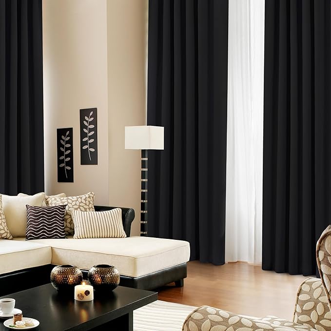Deconovo Blackout Curtains, Thermal Insulated, W52 x L45 2 Panels, Back Tab, Machine Washable, Room-Darkening Drapes for Bedroom/Living Room Black