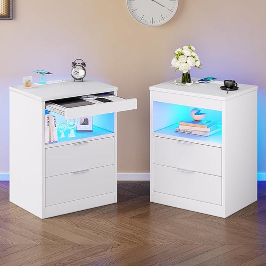 Tiptiper White Nightstand Set of 2, LED Nightstand with Wireless Charging Station, Night Stand with Drawers & Pull-Out Shelf, Modern Bedside Table with Storage, End Table Side Table