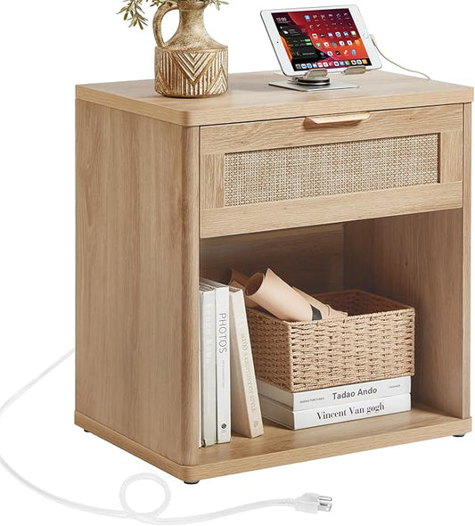 LEYAOYAO Rattan Nightstand with Charging Station, Natural Wood Night Stand with Drawer, 23" Wide Boho Bedside Table with Storage Shelf, Bed Side End Tables for Bedroom, Living Room, Hallway