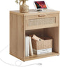 LEYAOYAO Rattan Nightstands Set of 2 with Charging Station, Natural Wood Night Stand with Drawer, 23" Wide Boho Bedside Table with Storage Shelf, Bed Side End Tables for Bedroom, Living Room, Hallway
