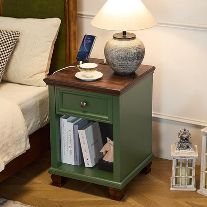 SAVOR LIFE Farmhouse End Tables Living Room Set of 2, Rustic Wood Nightstand with 1 Drawer, Bedside Table with Open Shelf for Bed Room, Side Table for Living Room, Green
