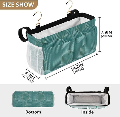Bedside Caddy Hanging Bunk Bed Caddy Bed Organizer Hanging Pocket with 2 Hooks Bedside Storage Organizer Pocket Bag Holder Geometric Green