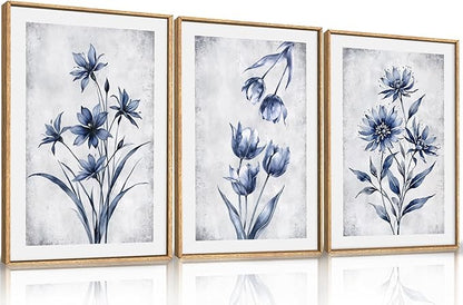 LHIUEM Navy Blue and Grey Flower Framed Canvas Wall Art Set,Modern Botanical Plant Wall Decor,Neutral Wildflower Painting,Watercolor Aesthetic Floral Artwork for Living Room,Bedroom,Office-16''x24''x3