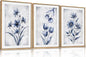 LHIUEM Navy Blue and Grey Flower Framed Canvas Wall Art Set,Modern Botanical Plant Wall Decor,Neutral Wildflower Painting,Watercolor Aesthetic Floral Artwork for Living Room,Bedroom,Office-16''x24''x3