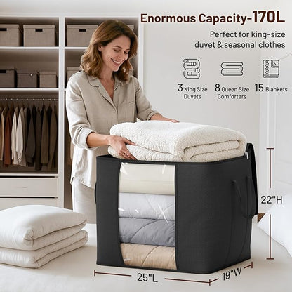 SLEEPING LAMB 170L Huge Blanket Storage Bag, Sturdy Oxford Fabric Comforter Storage Bag with Handles & Window, Foldable Bedding Container Organizer for King-size Duvets, Sheets, Pillows, Clothes,Black