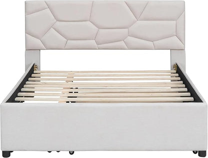 Full Size Bed Frame with Twin Size Trundle and 2 Storage Drawers,Linen Upholstered Platform Bed Frame Full with Brick Pattern Headboard,Solid Wood Slat Support,No Box Spring Needed,Beige