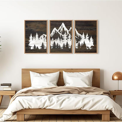 LHIUEM Large Mountain Tree Framed Canvas Wall Art Set,Modern White Forest Art Printing Country Minimalist Wood Wall Decor Farmhouse Zen Artwork for Living Room Bedroom Office-24''x36''x3