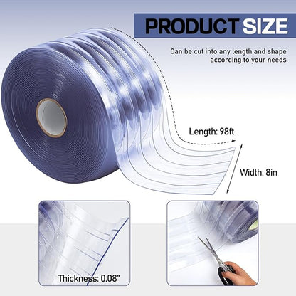 Moukeren Plastic Door Curtain for Winter 100 ft x 8 Inch Thermal Insulated Garage Door Strip Curtains Smooth Waterproof Clear PVC Strip Curtain for Warehouse Freezer Garage, 0.08" Thickness(Striped)