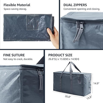 Moving Bags Heavy Duty Extra Large, Moving Boxes, Moving Supplies Essentials, Storage Bins with Lids, Plastic Packing Totes, Storage Bags for Clothes with Handles & Zippers(Grey, 10 Pack)