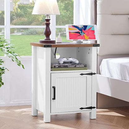 Joaxswe Antique White Nightstand Set of 2, 18 Inch Farmhouse Night Stand with Charger Station and USB Port, Modern Couch Side Table with Magnetic Door and Storage Shelf, Bedside Tables for Bedroom
