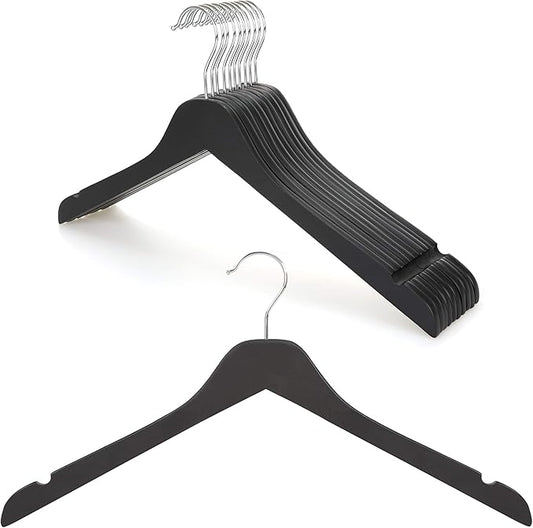 TOPIA HANGER Black Wooden Hangers, 0.28-inch Slim Wood Clothes Hanger with Flat Design and Smooth Notches, Lightweight Space Saving Hangers for Shirt, Coat, Camisole, 10 Pack-Matte Black, CT29B