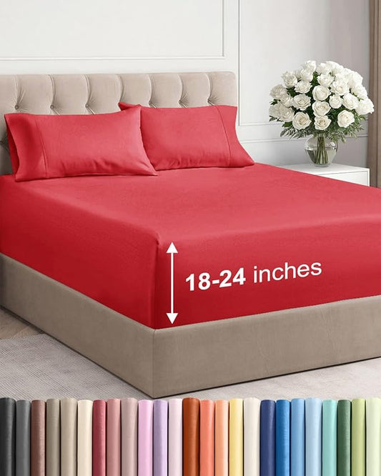 Extra Deep Twin XL Sheet Set - 4 Piece Breathable and Cooling Sheets - Hotel Luxury Bed Sheets Set - Easy & Secure Fit - Soft, Wrinkle Free and Comfy Sheets Set - Red Sheet Set with Extra Deep Pockets