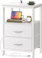 Huuger Nightstand with Charging Station, Side Table with 2 Fabric Drawers, End Table with Open Shelf, Bedside Table with USB-C Port and Outlets, Night Stand, PU Leather, White