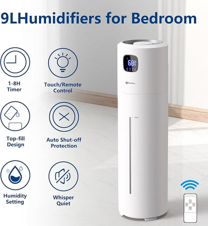 Large Humidifiers for Bedroom, 9L/2.5Gal Ultrasonic Cool Mist, Top Fill Easy Clean with 350ML/H Mist Speed, Quiet, Suitable for Kids Room Plant Yoga Office Study Room Living (White, Round)