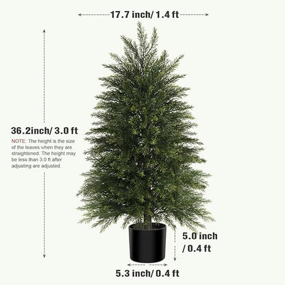 3FT Artificial Cedar Trees Set of 2, Realistic Faux Evergreen Topiary Bushes Plants, Outdoor Potted Fake Cypress Shrubs for Front Porch Garden Home Living Room Decor