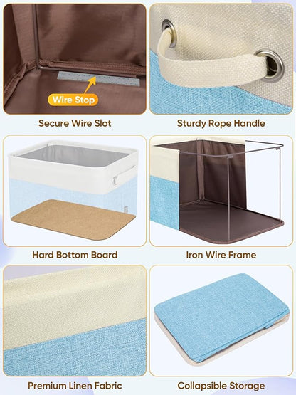 BALEINE 3 Pack Fabric Storage Bins for Shelves, Linen Storage Baskets for Organizing, Decorative Closet Bins for Clothes, Home (Skyblue, 14''x10''x8.5'')