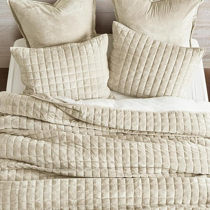 RECYCO Luxury Velvet Quilt Set, California King 118'' x 106'' Oversized Bedspread, Ultra Soft Velvet Comforter, Lightweight Box Stitch Bedding Sets for All Season, with 2 Shams, Beige