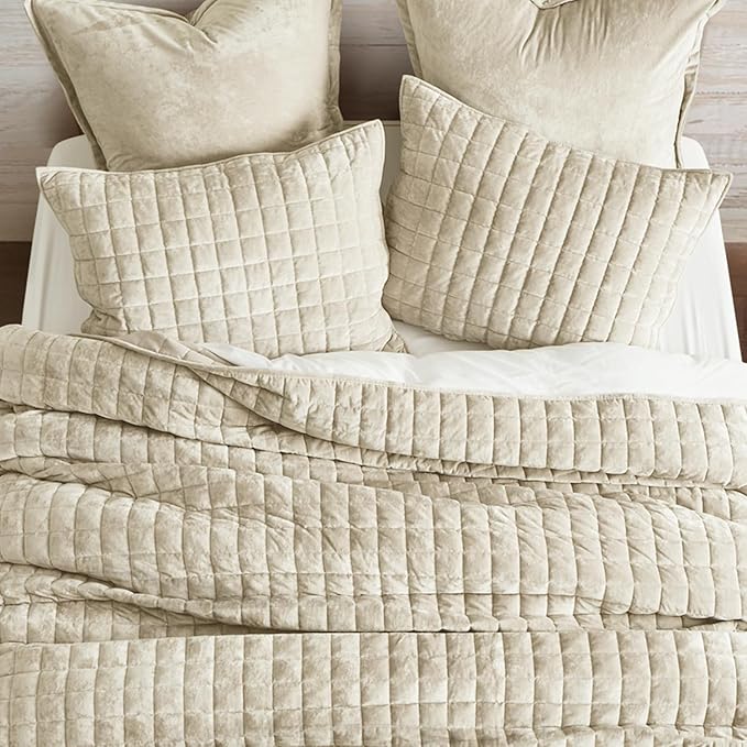 RECYCO Luxury Velvet Quilt Set Full Queen Size Bedding Sets, Ultra Soft Velvet Comforter Set, Lightweight Channel Box Stitch Oversized Bedspread Coverlet for All Season, with 2 Shams, Beige