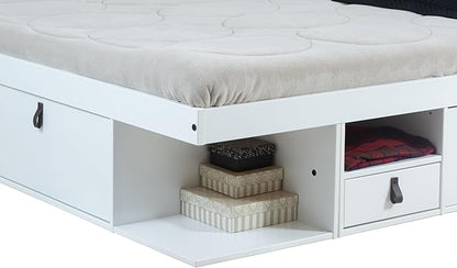 memomad Bali Slim Set: Storage Platform Bed with Drawers + Flat Panel Headboard (King Size, White Wood)