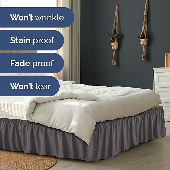 Wrap Around Dust Ruffle Bed Skirt - Dark Grey - for Full Size Beds with 21 Inch Drop - Elastic Strap - Adjustable Pleated Bedskirt with Brushed Fabric and Wrinkle Free - for Women, Men, Kids & Teens
