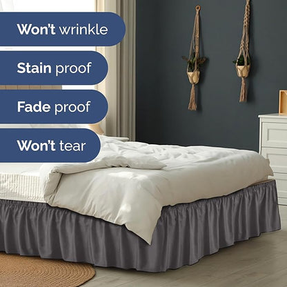 Wrap Around Dust Ruffle Bed Skirt - Dark Grey - Twin/Twin XL Size Beds with 15 Inch Drop - Elastic Strap - Adjustable Pleated Bedskirt with Brushed Fabric and Wrinkle Free - Women, Men, Kids & Teens