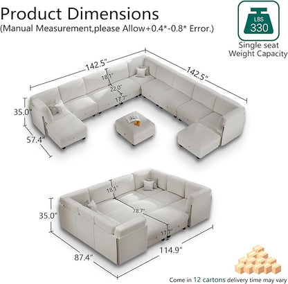 Modular Sectional Sofa with Adjustable Backrest, Large Convertible L/U-Shaped Sleeper Couch for Living Room, Cloud Sofa Bed Modern Reversible Design, White