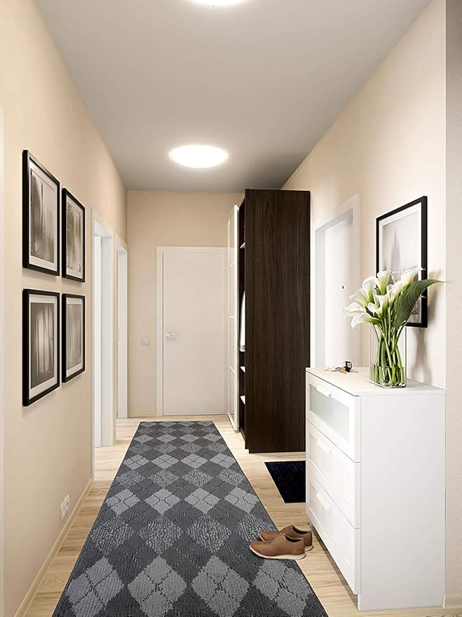 Custom Length Hallway Runner Rug,Slip Resistant,Squares Anthracite, 26 Inch X 2 feet, Doormat, Sold and Priced Per Foot