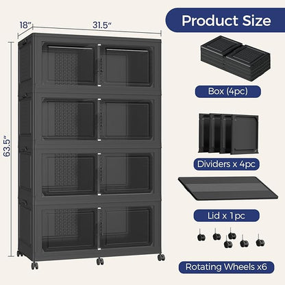 200GAL Storage Bins with Lid and Wheels, Stackable Closet Organizers and Storage Drawer, Collapsible Storage Box with Dividers, Foldable Plastic Cabinets for Room, Kitchen, 4 Pack Black