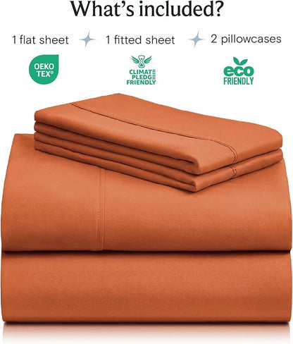 LuxClub 4 PC Queen Sheet Set, Deep Pockets Wrinkle Free Cooling Bed Sheets Hotel Bedding for Women, Men, Includes 1 Fitted Sheet, 1 Flat Sheet and 2 Pillowcases-Silky Soft Autumn Orange