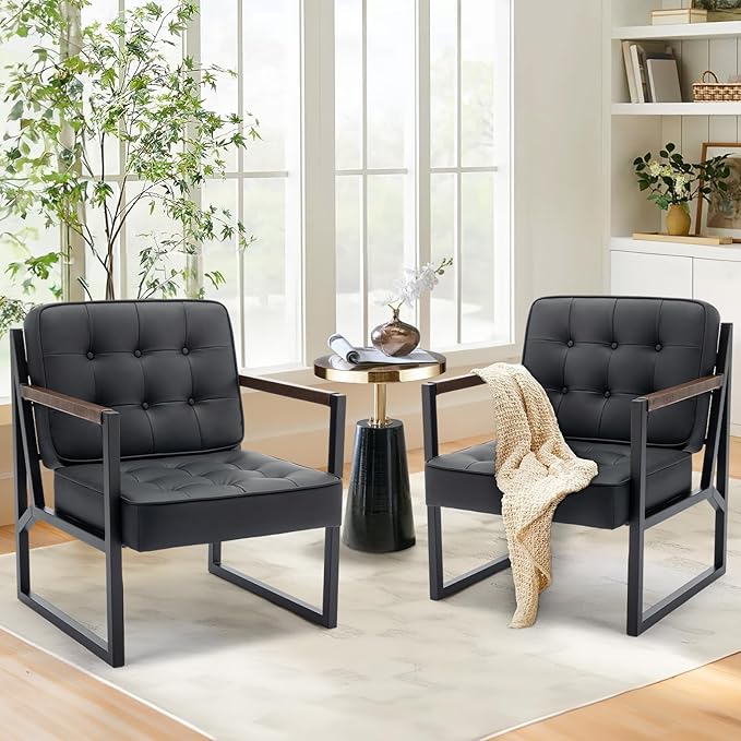 COLAMY Mid Century Modern Accent Chair Set of 2, Comfy Living Room Chair, Black Leather Accent Chair, Faux Leather Reception Armchair with Metal Legs for Living Room Bedroom Reception Office, Black