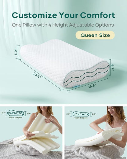 Cervical Neck Pillow, Side Sleeper Pillow for Neck Pain Relief, Adjustable Contour Pillow for Sleeping, Ergonomic Memory Foam Pillow, Orthopedic Cooling Pillow Back Stomach Sleeping, Queen Size