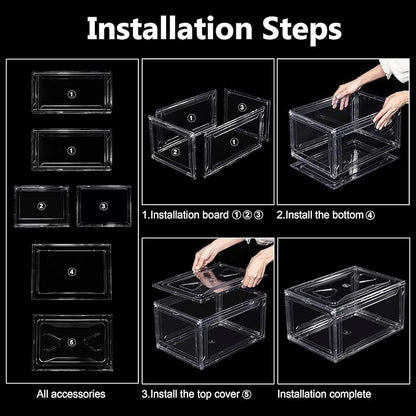 6 Pack Acrylic Shoe Boxes, Ultra Clear Shoe Boxes Stackable, Shoe Storage Box Sneaker Storage for Sneakerhead, Foldable Shoe Organizer with Magnetic Door, Professional Shoe Display Fits US Size 15