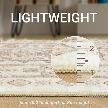 zesthome 8ft Round Rugs for Living Room, Non-Slip Washable Round Area Rugs, Ultra-Thin Large Circle Rugs, Soft Low Pile Rug for Bedroom, Kitchen - Vintage Stain Resistant Round Rug (Cream/Beige,8'x8')