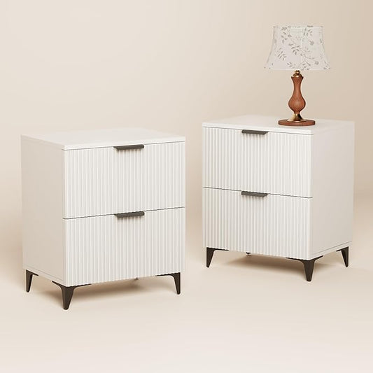 Royal Windsor Small Fluted Nightstand Set of 2 with 2 Drawers, Side End Table, Small Accent Storage Cabinet,Modern Night Stand Bedside Table for Bedroom Full Size Bed,White