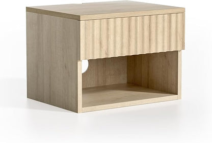Floating Nightstands Set of 2 with Drawer and Open Shelf, Small Wall Mounted Bedside End Table, Modern Fluted Night Stand for Bedroom, Living Room, Light Oak