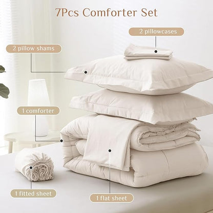 JOLLYVOGUE Queen Comforter Set, Ultra-Soft Bed in a Bag Queen Size 7 Pieces, Oeko-TEX Certified Bedding Set with Down Alternative Comforter, Sheets, Pillowcases & Shams, Beige