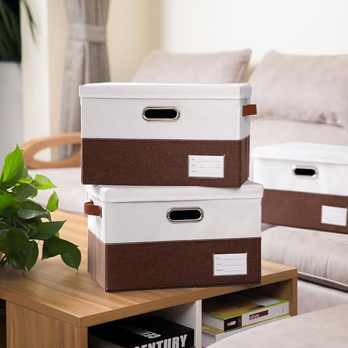 PRANDOM Foldable Storage Bins with Lids [3-Pack] Fabric Collapsible Storage Boxes Baskets Cubes Containers with Handles for Closet Living Room Bedroom (Brown & White 14.9x9.8x9.8'')