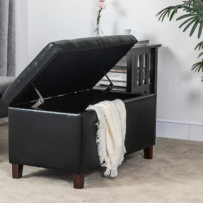 Asense Storage Ottoman Bench, Faux Leather Upholstered End of Bed Bench with Safety Hinge Wooden Legs, for Entryway Bedroom (Black, 33.3")