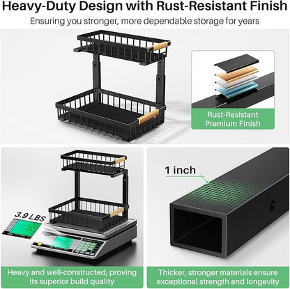Under Sink Organizer, 2 Packs 2 Tier Under Sink Organizers and Storage, Slide out Pull out Cabinet Organizer Shelf, Metal Sliding Drawer for Kitchen Bathroom Pantry Cabinet Closet Organization Rack
